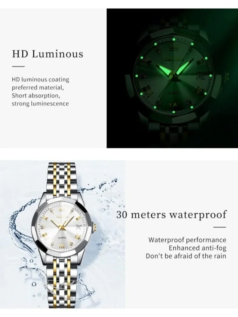 Women's Silver Diamond Analog Stainless Steel Waterproof Luminous Wrist Watch